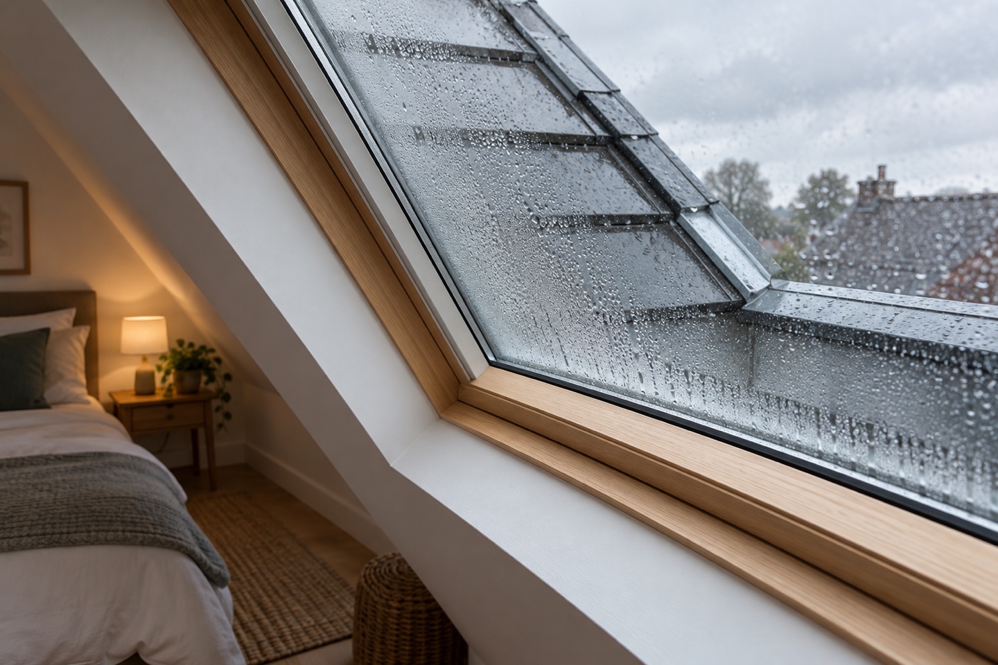 Gouttelettes visibles sur une fenêtre de toit donnant sur des tuiles sous la pluie