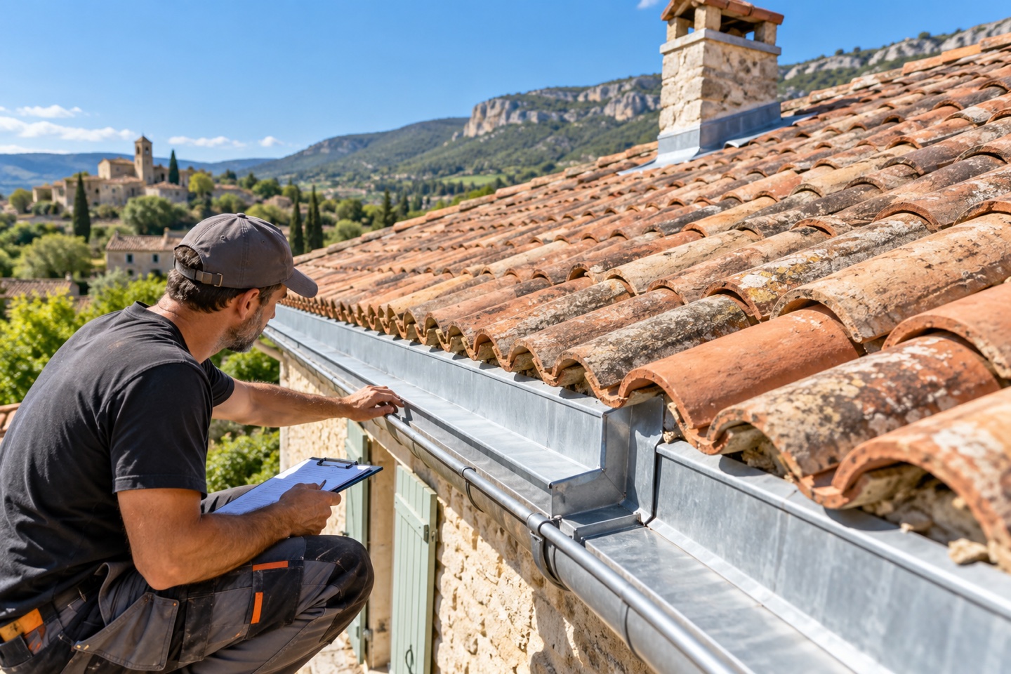 Artisan couvreur examinant les finitions métalliques d’une toiture